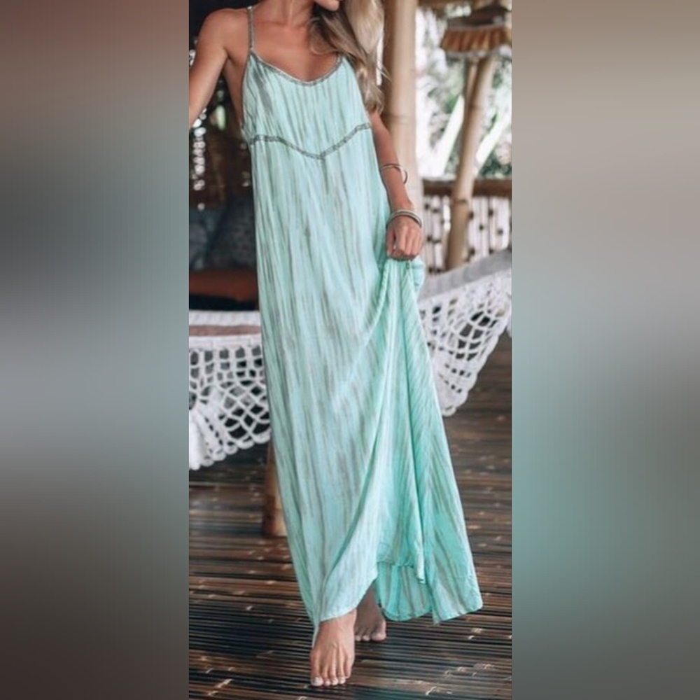 Khush Clothing Beaded Festival Maxi Dress, Streaky Tie-dye Seaglass, Small